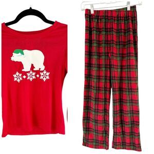 NWT Mad Dog Polar Bear Red Flannel Kids Holiday Pajama Set Youth Size 10/12
